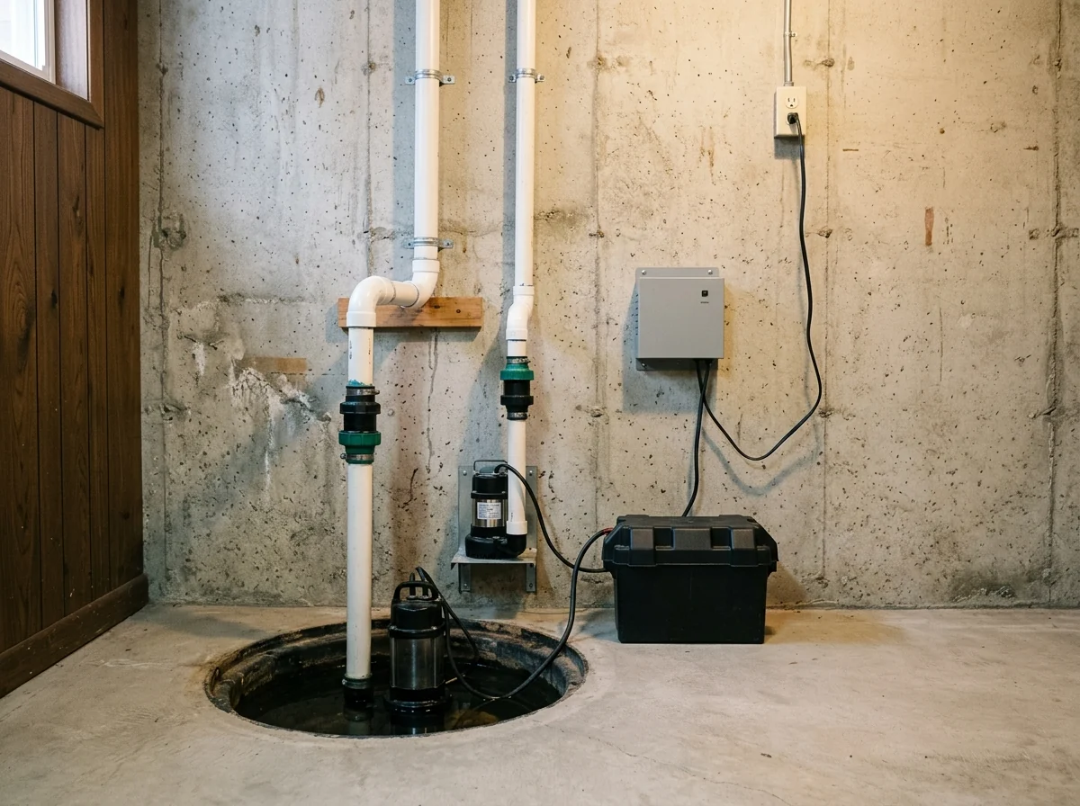 Basement sump pit with a primary pump and a smaller battery backup pump on a separate discharge line, a charger box on the wall and a battery case on the floor beside the pit