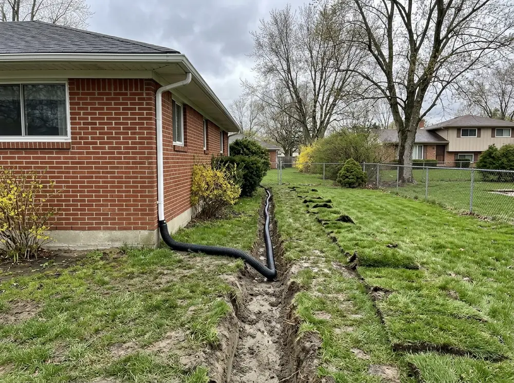 Black corrugated downspout extension buried in a shallow trench across a lawn, running away from a brick house foundation