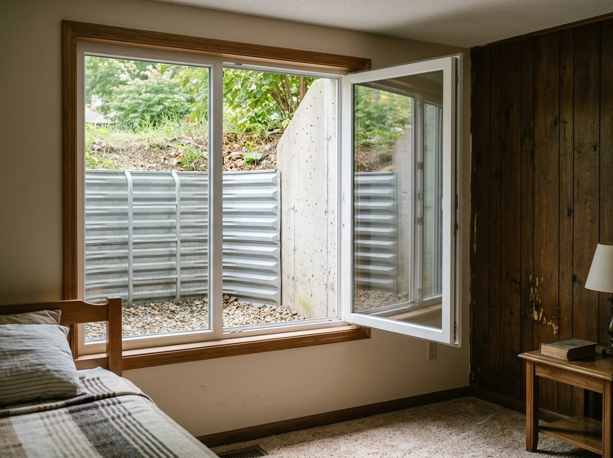 Vinyl casement egress window swung fully open in a basement wall, showing a clear opening to a window well outside