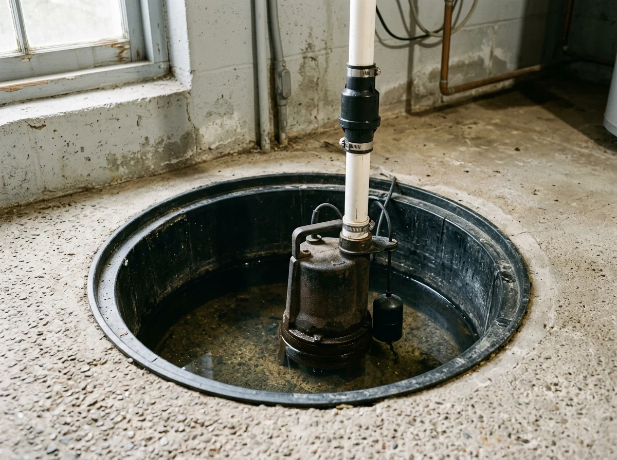 Cast iron submersible sump pump sitting on the floor of a sump basin with a vertical float switch and PVC discharge pipe