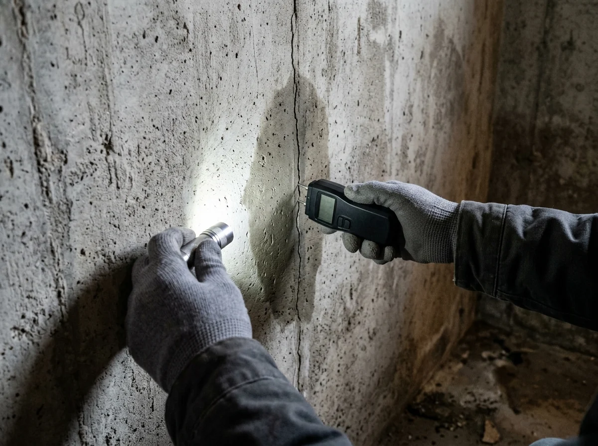 Gloved hands holding a moisture meter against a hairline crack in a poured concrete basement wall, lit by a flashlight