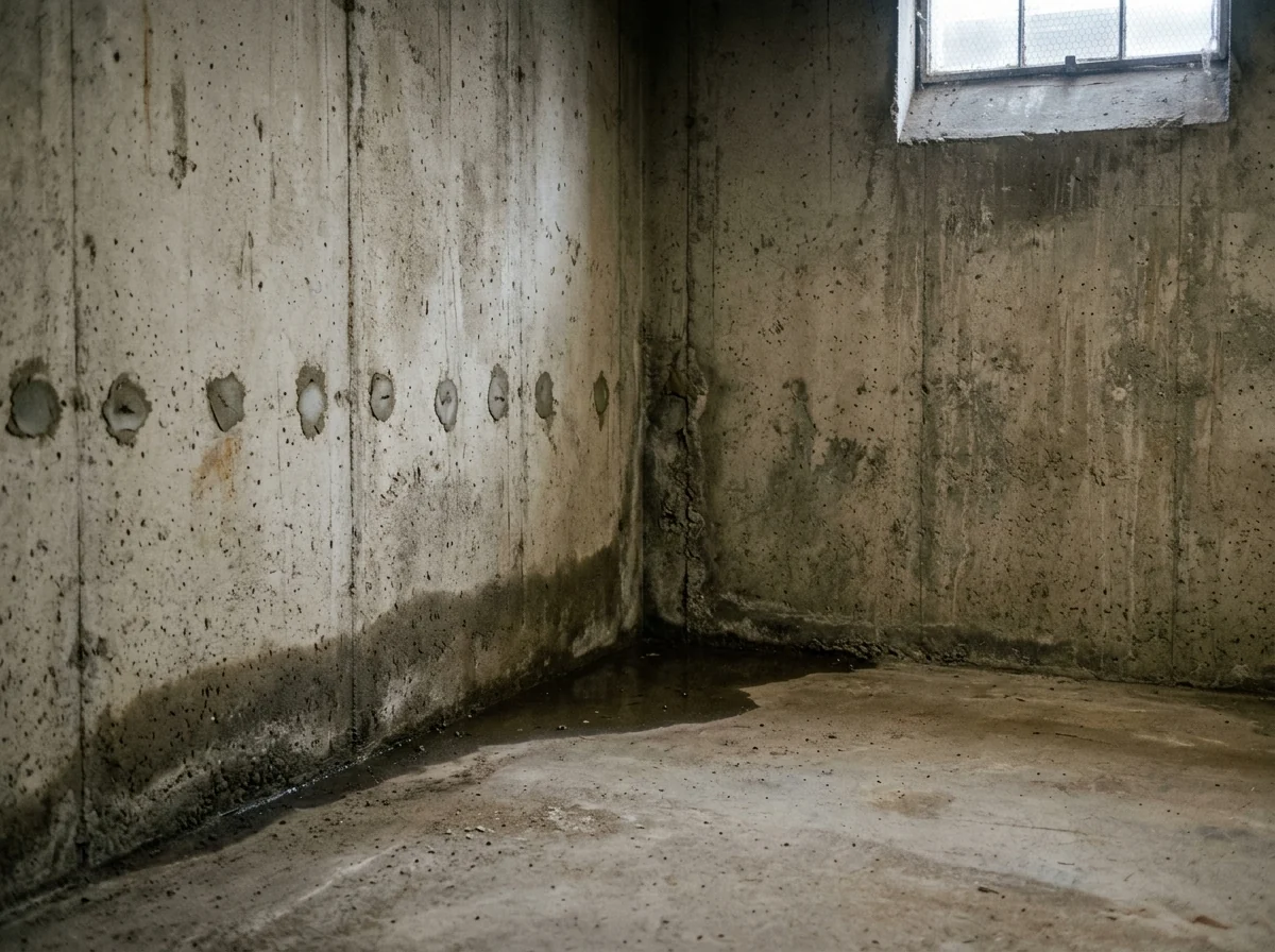 Basement corner where a poured concrete wall meets the floor slab, with a dark damp band along the joint and a small puddle on the floor