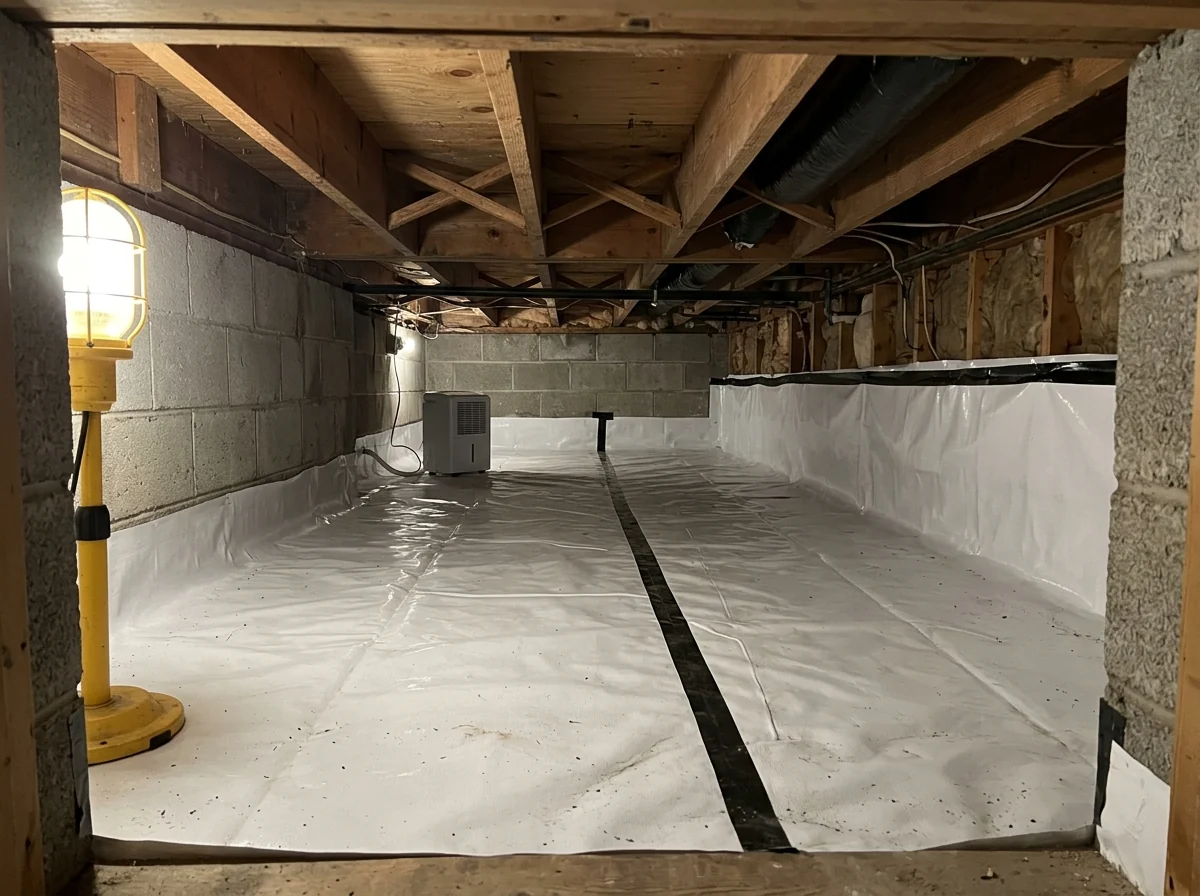 Crawl space with a white plastic vapor barrier covering the ground, sealed seams and the liner taped up the foundation walls