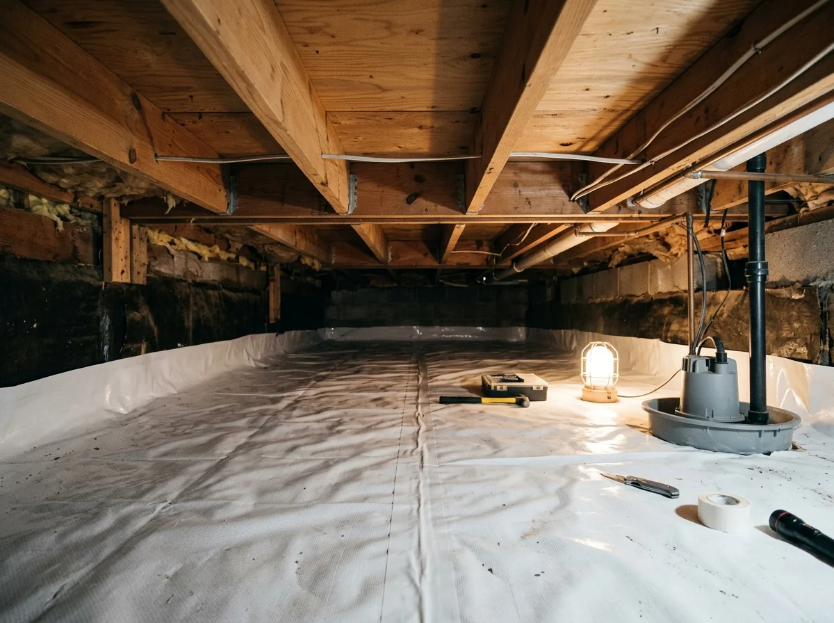 White reinforced plastic vapor barrier laid over the dirt floor of a low crawl space with overlapped, taped seams