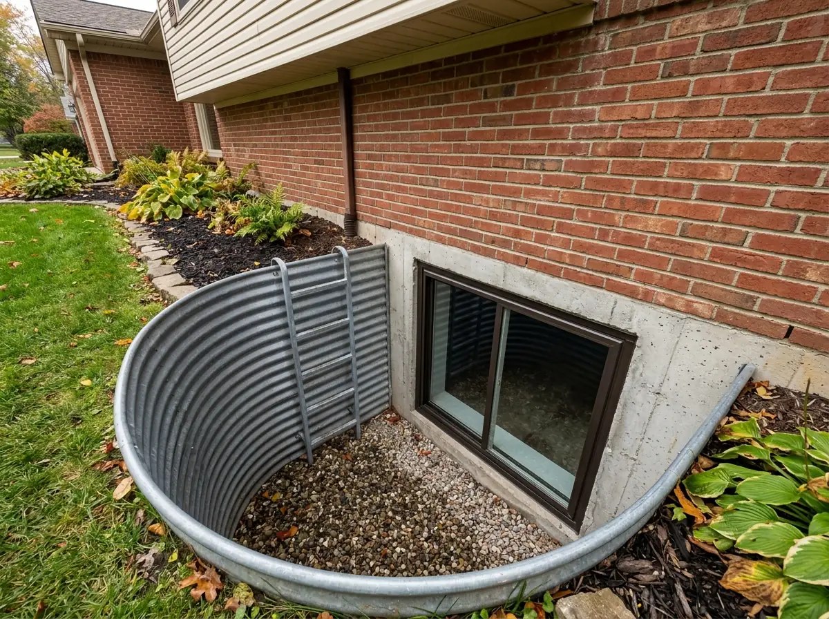 Large egress window cut into a basement wall with a deep corrugated metal window well, gravel floor and a fixed ladder