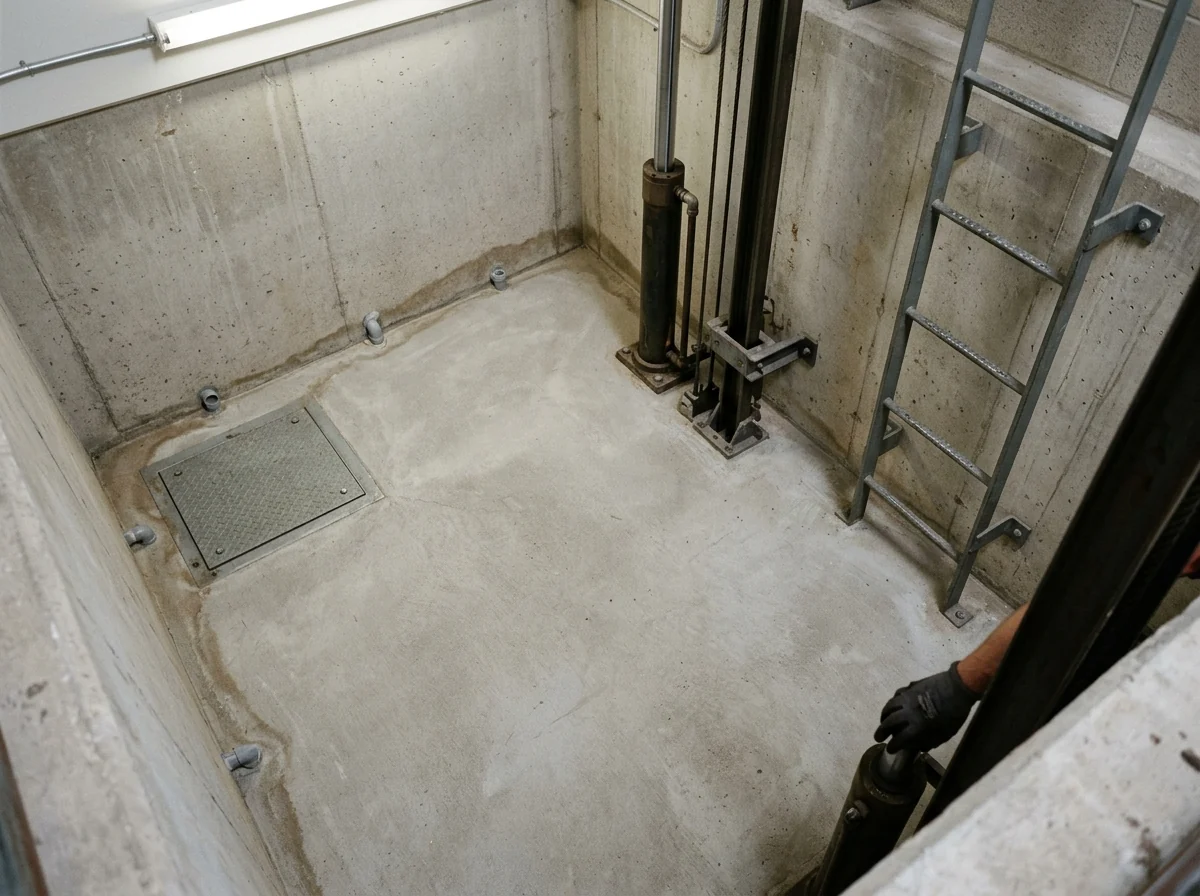 Concrete elevator pit floor with a covered sump pit set flush in one corner, damp staining at the base of the pit walls and a steel ladder on the wall
