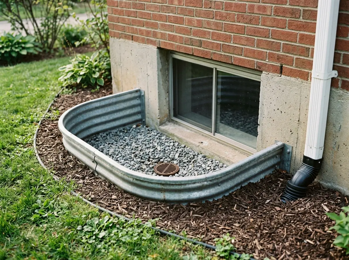 Corrugated galvanized steel window well set against a poured concrete basement wall, washed gravel in the bottom and the well rim sitting a few inches above the lawn