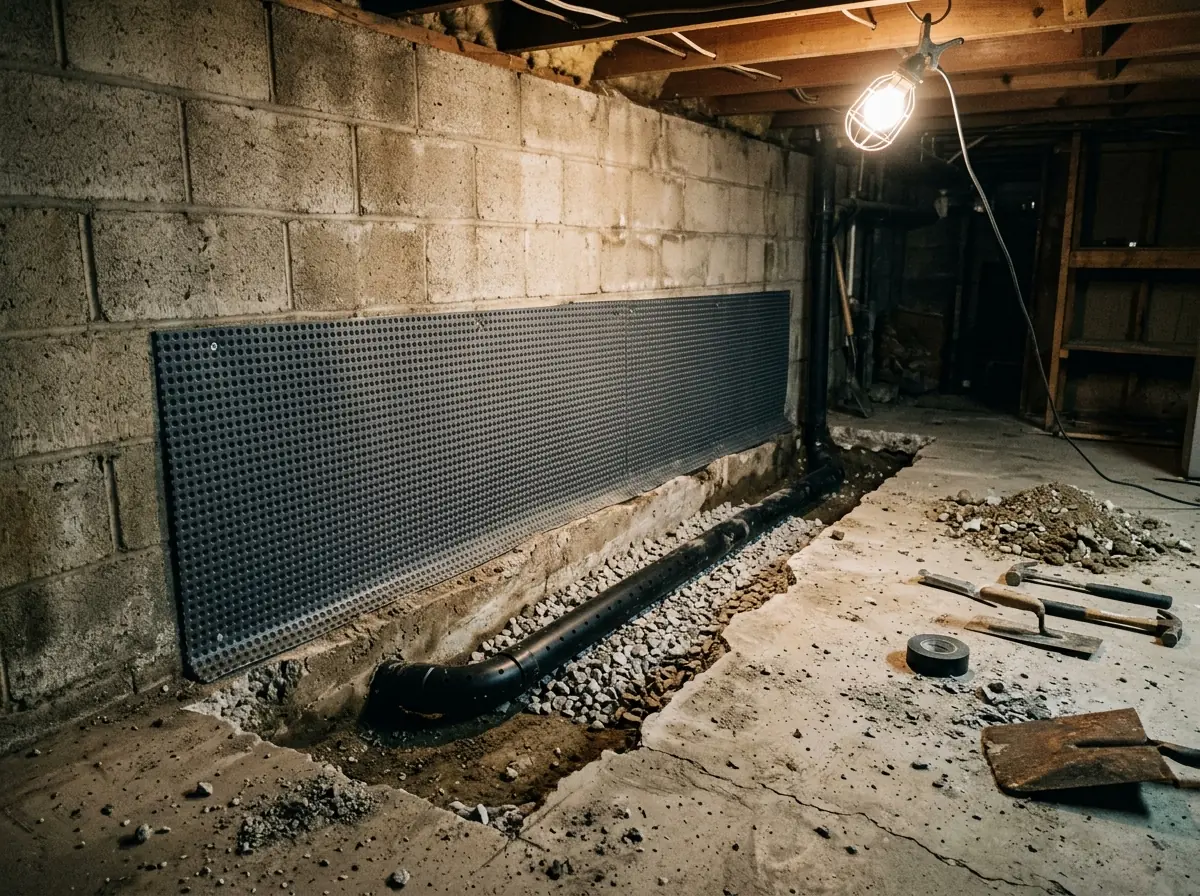Basement floor opened along a block wall with new perforated drain pipe resting on washed gravel beside the footing and a dimpled plastic sheet against the wall