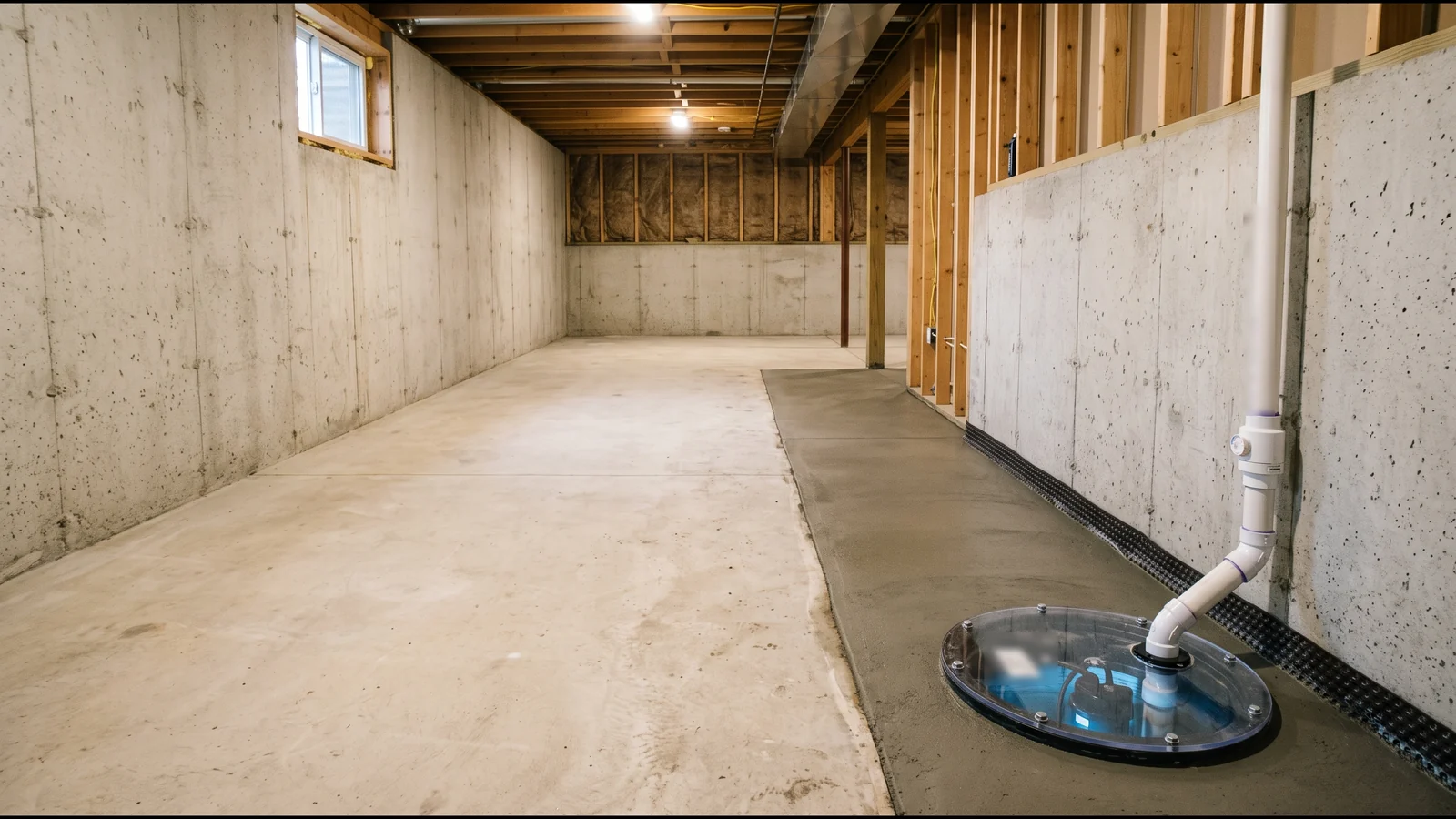 Clean poured concrete basement with a new interior drain channel along the wall and a sump basin with a sealed clear lid