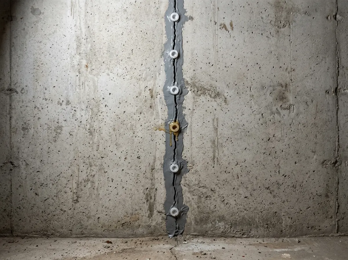 Vertical crack in a poured concrete basement wall with plastic injection ports spaced along it and sealing paste over the crack