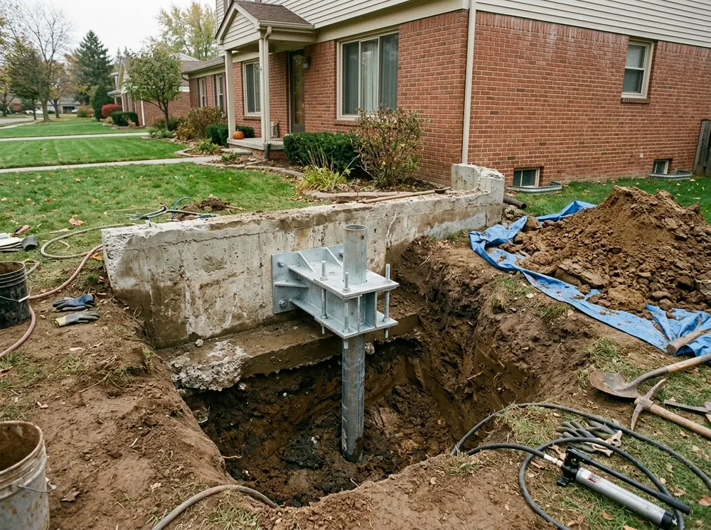 Steel push pier bracket bolted to the side of an exposed concrete footing in a hand-dug pit beside a house