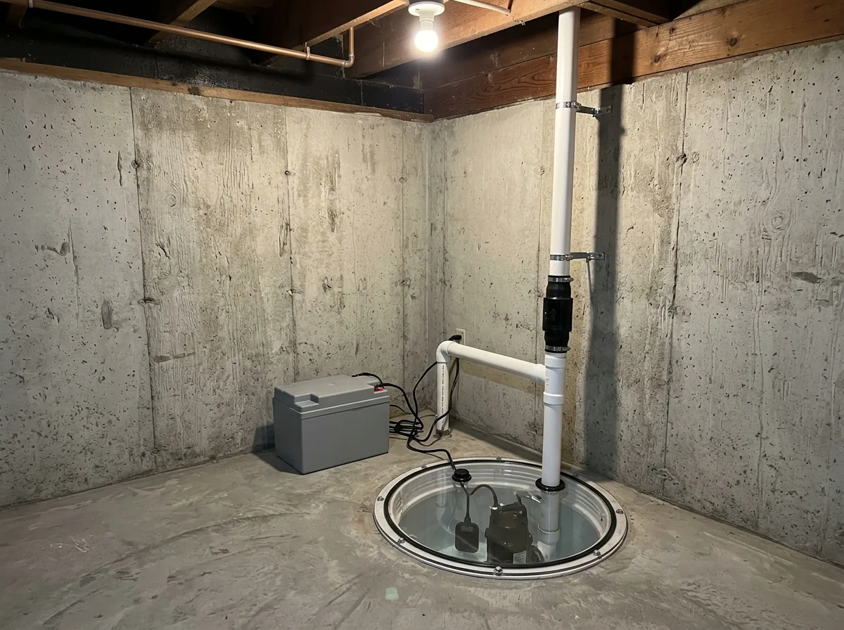 Sump pump basin set in a basement floor with a clear sealed lid, a primary pump discharge pipe with check valve and a battery backup unit beside it