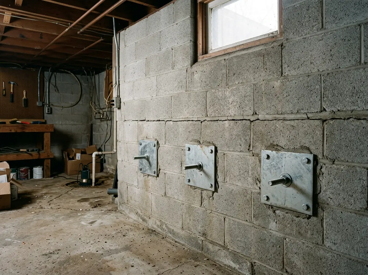 Concrete block basement wall with a horizontal crack and three steel wall anchor plates bolted to it at mid height