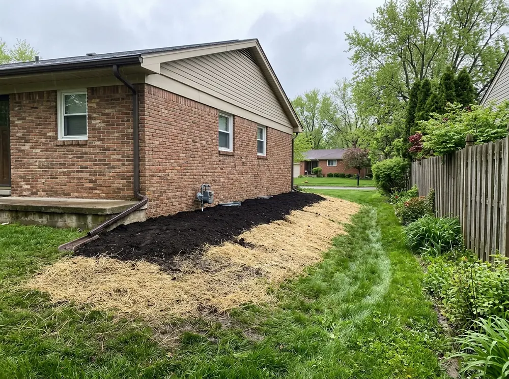 Freshly regraded strip of topsoil sloping away from the block foundation of a brick ranch house, with a shallow grassed swale curving along the side yard toward the street